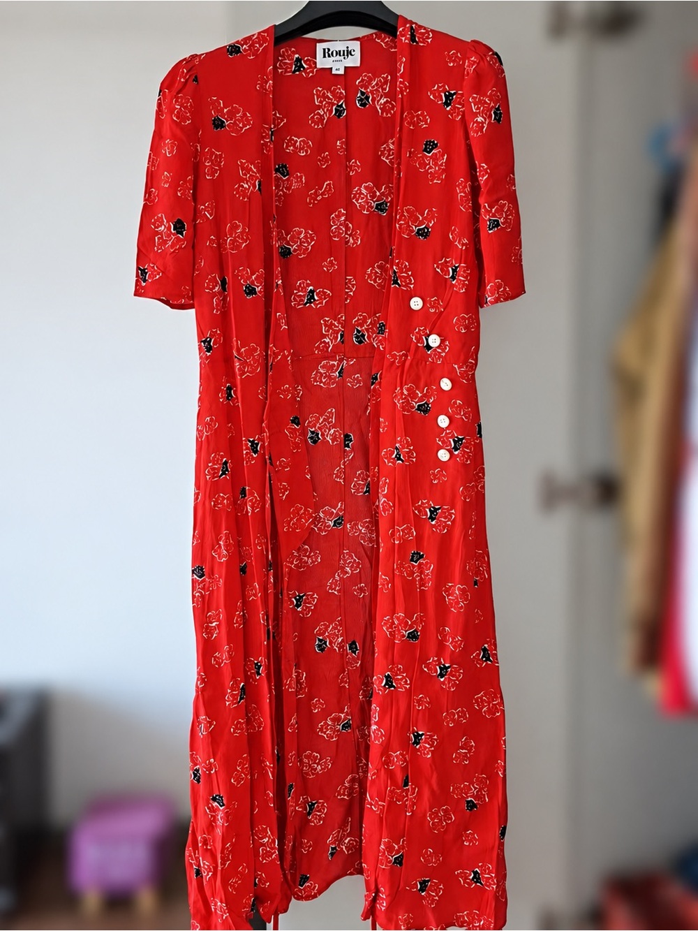 Rouje Red Floral Blouse with Black & White Accents